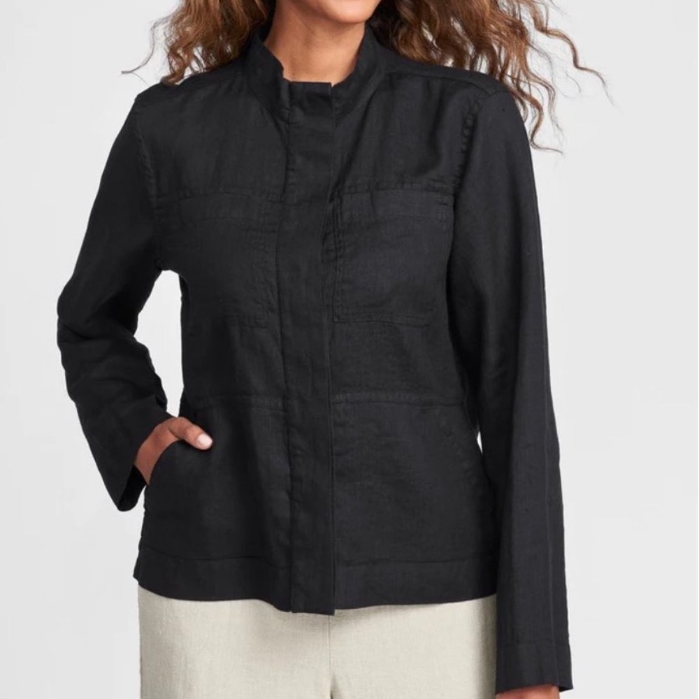 FLAX Clothing MILITARY JACKET 100% Linen BASIC BLACK S Pockets NICE DETAILING